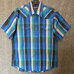 Vintage Wrangler Shirt Men 16 Blue‎ X-Long Tails Pearl Snap Western Short Sleeve